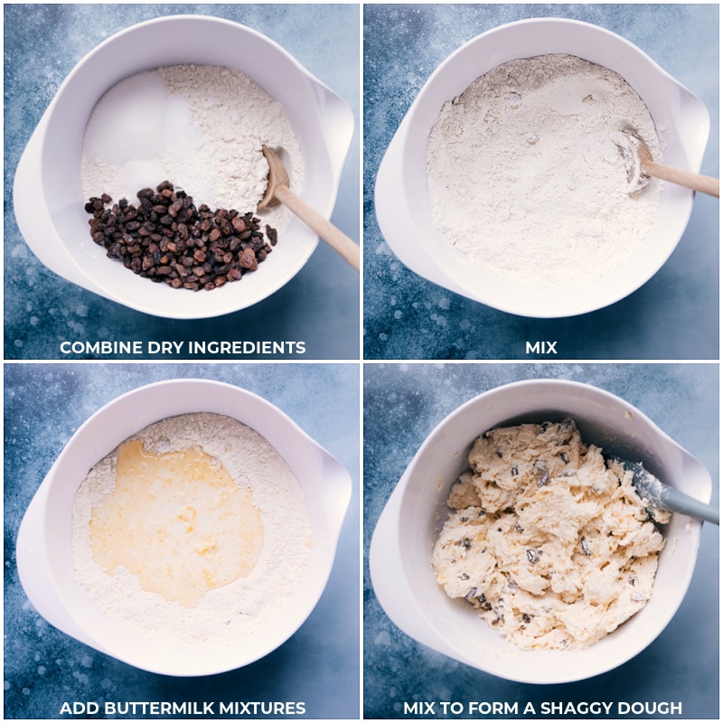 Process shots of Irish Soda Bread-- images of the wet and the dry ingredients being mixed together