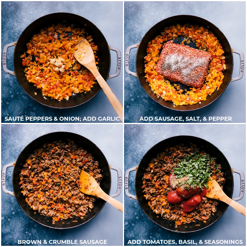 Process shots-- images of the peppers, onions, garlic, sausage, salt, pepper, sausage, tomatoes, basil, and seasonings