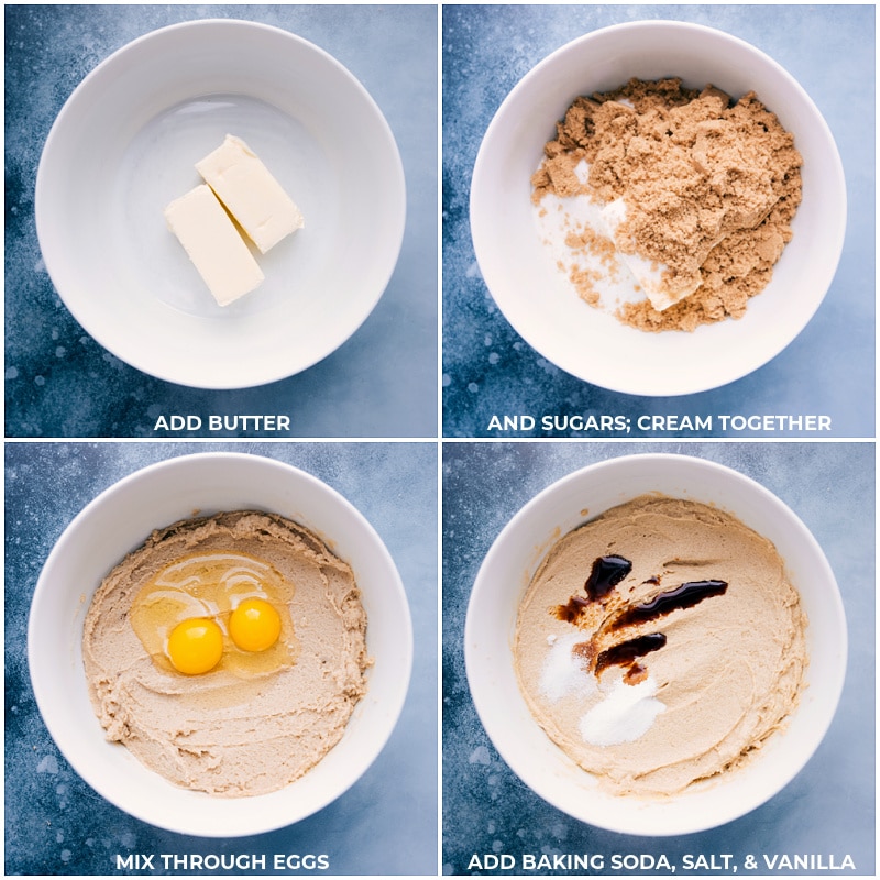 Process shots-- images of the butter, sugars, eggs, and baking agents being creamed together