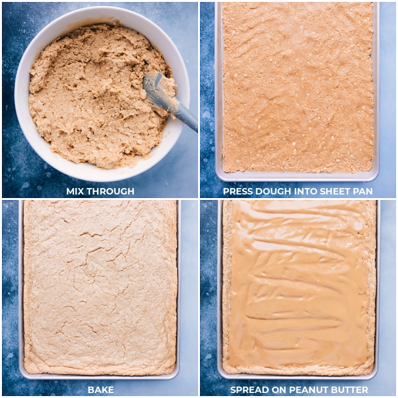 Process shots-- images of the dough being pressed into the pan and peanut butter being spread on top