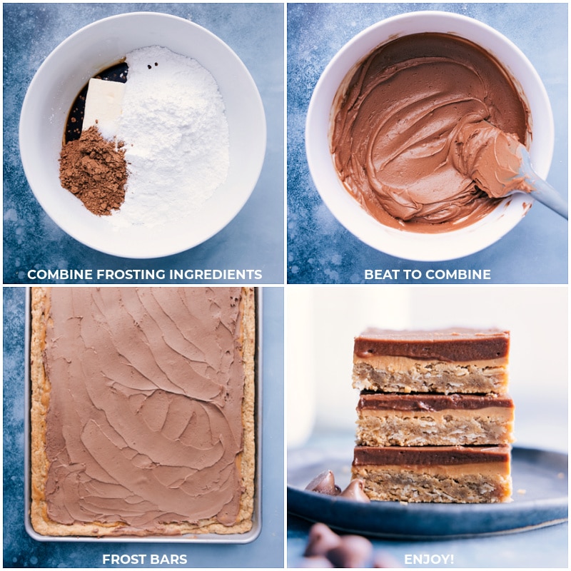 Process shots of Lunch Lady Peanut Butter Bars-- images of the chocolate frosting layer being made and spread on top