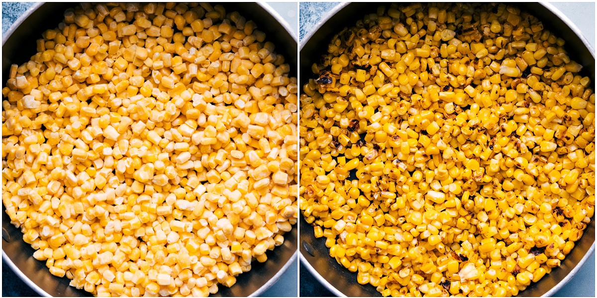 The corn being charred on a skillet for this simple dish.