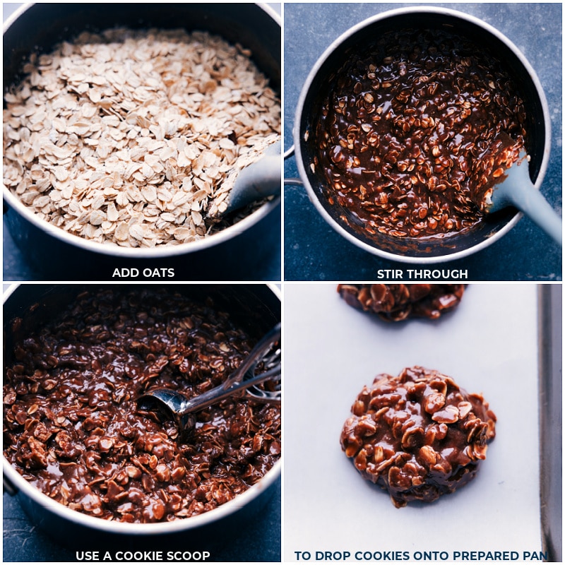 Process shots of no-bake cookies-- images of the oats being added and it all being dropped onto a prepared pan and shaped into cookies