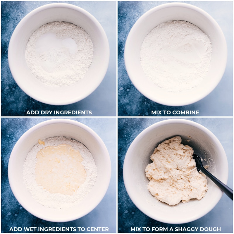 Process shots of No-Yeast Bread-- images of the dry ingredients being mixed together and then the two buttermilk mixtures being added to the dry and it all being mixed together
