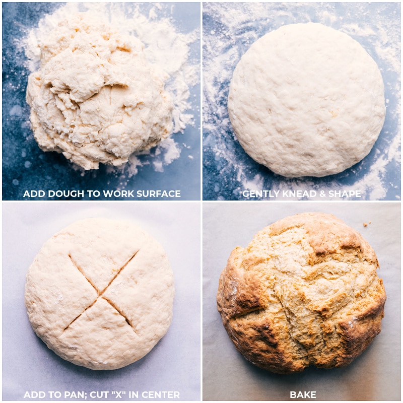 Process shots-- images of the dough being kneaded into a ball and an X being cut in the center and it all being baked