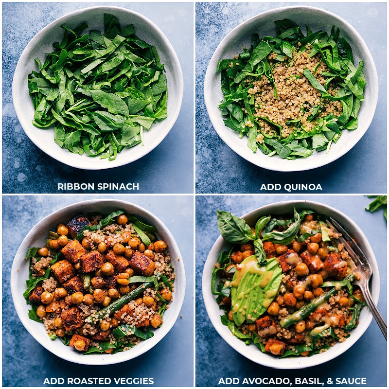 Process shots of Nourish Bowls-- images of the spinach, quinoa, roasted veggies, avocado, basil, and sauce to a bowl