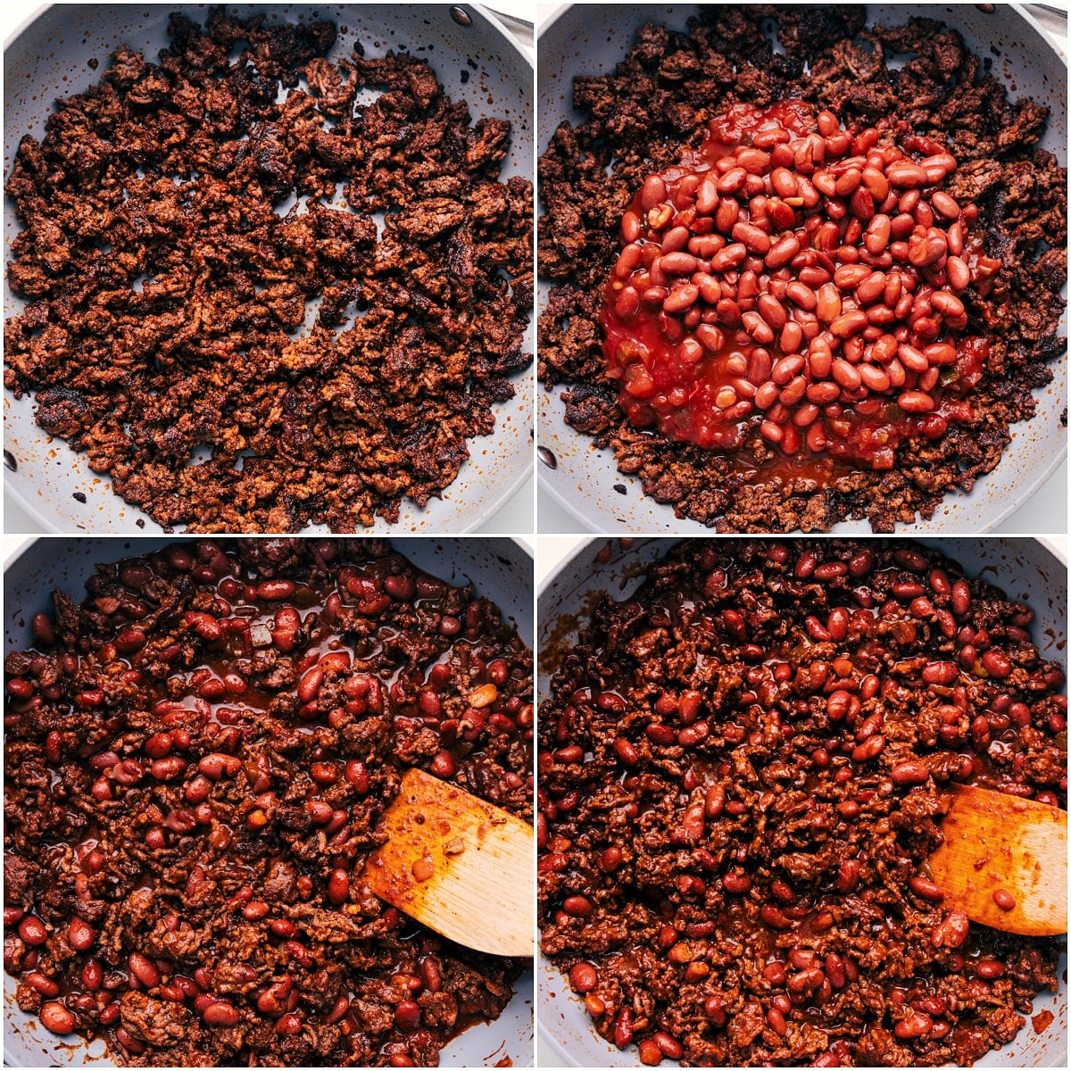 Navajo Taco Meat Sauce Being Made Ground beef browning in a skillet with beans and picante sauce being added in.