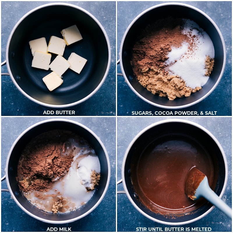 Process shots of no-bake cookies-- images of the butter, sugars, cocoa powder, salt, and milk being added to a pot