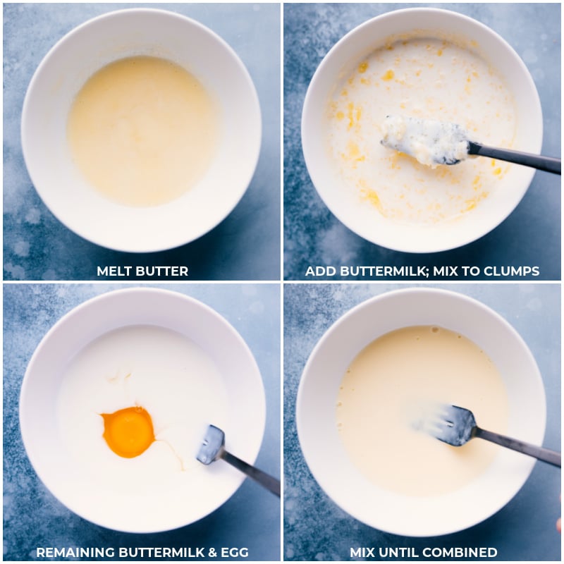 Process shots-- images of the butter being melted and the buttermilk being added to it, and it all being whisked together. Then images of buttermilk and an egg being whisked together