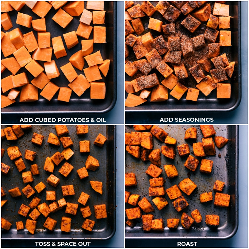 Process shots-- images of the sweet potatoes being seasoned and roasted