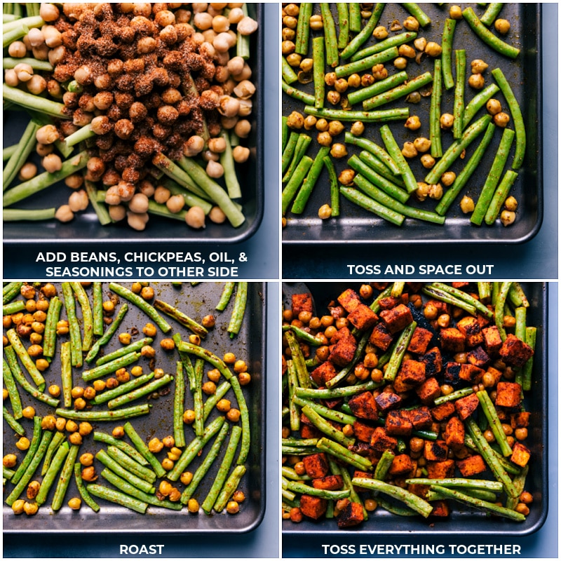 Process shots of Nourish Bowls-- images of the beans, chickpeas, seasoning, and oil being added to a sheet pan and it all being tossed together and roasted