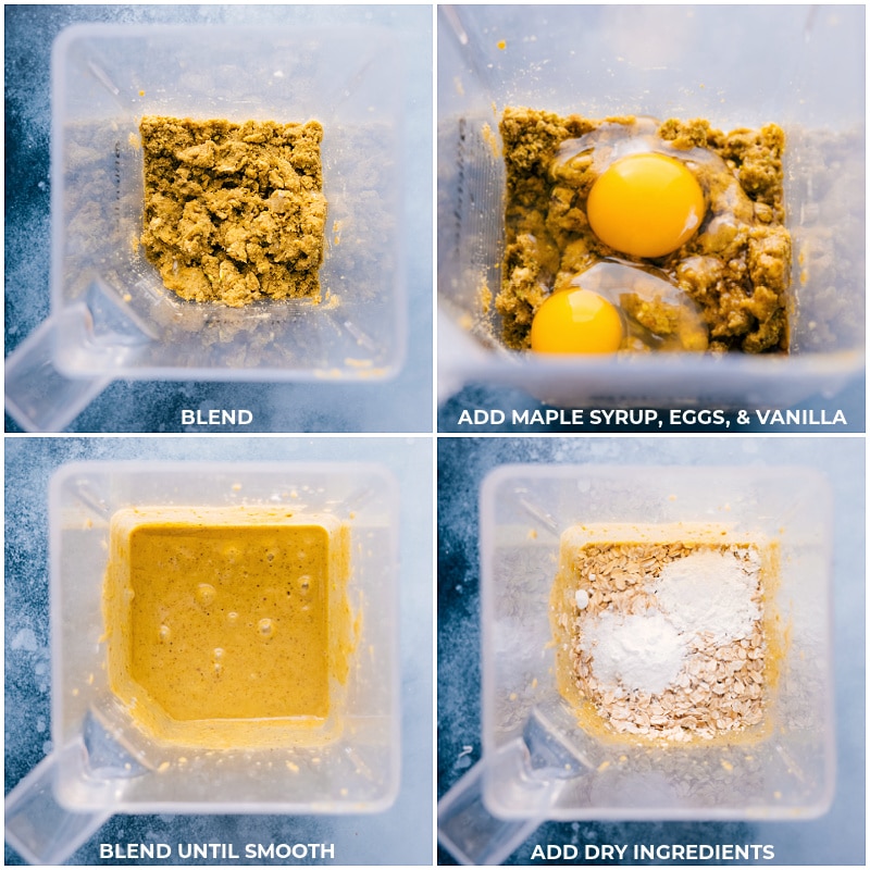 Process shots of Pistachio Cake-- images of the maple syrup, eggs, vanilla, and dry ingredients being added and it all being blended together