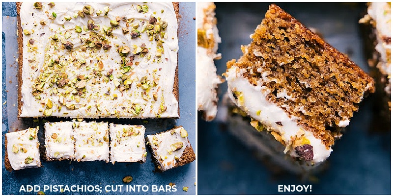 Image of the Pistachio Cake frosted and cut into bars ready to be enjoyed