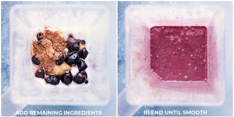 Process shots of red velvet smoothie-- images of the remaining ingredients being added and it all being blended