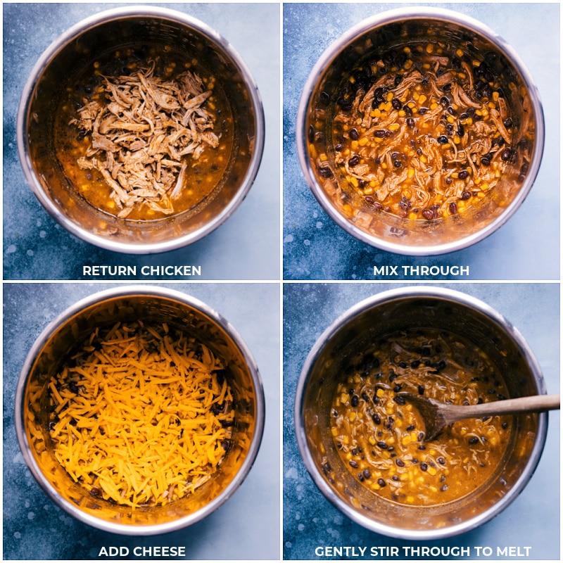 Process shots-- images of the shredded chicken being returned to the instant pot and cheese being added back
