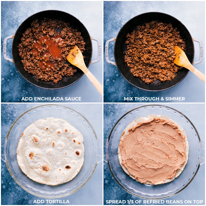 Process shots-- images of the tortilla, refried beans, and ground beef layers going on the pie