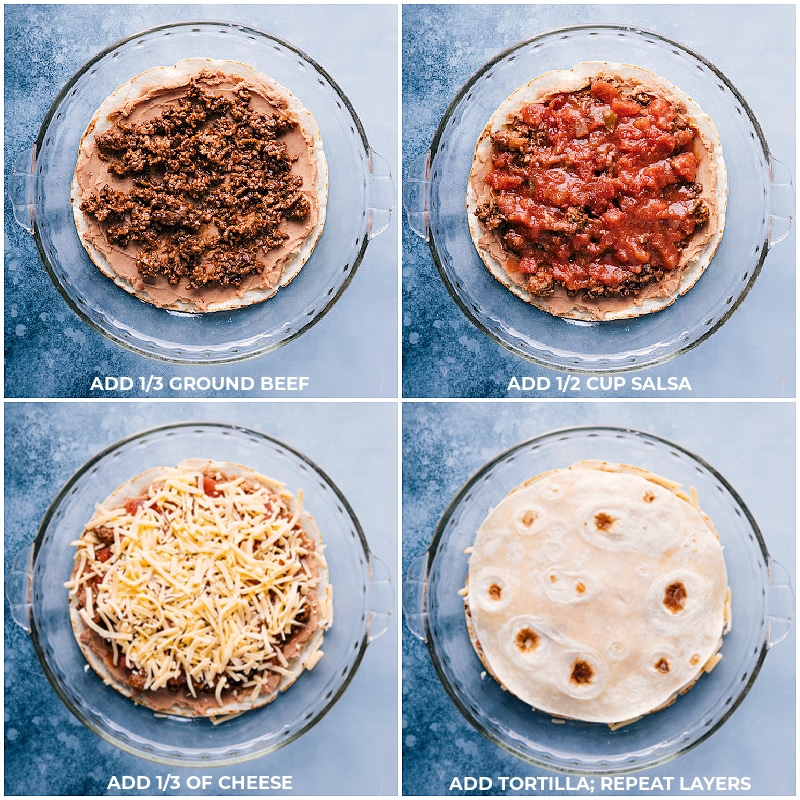 Process shots of Tortilla Pie-- images of the salsa and cheese being layered in and then the layers being repeated