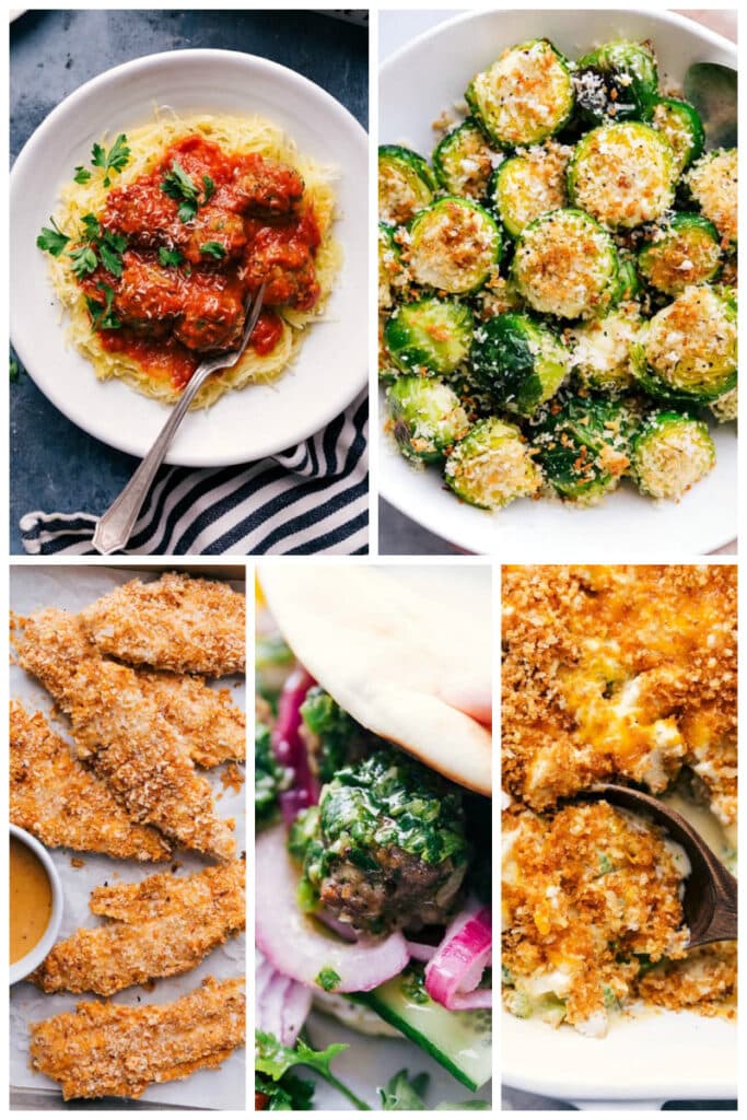 Recipes: meatballs, brussel sprouts, chicken tenders, meatballs, and chicken casserole