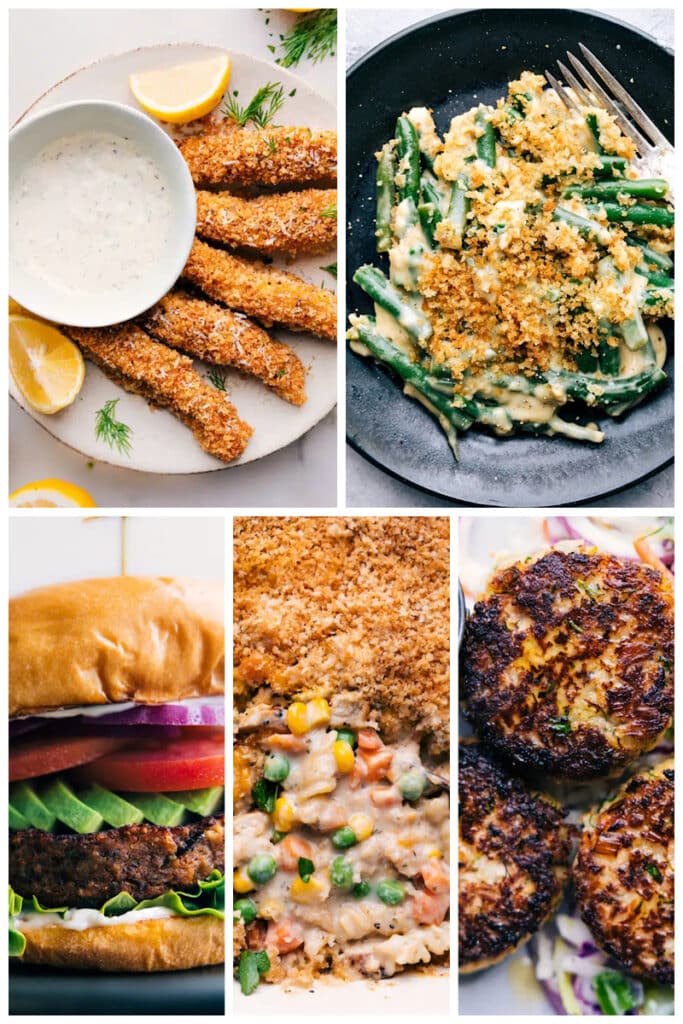 Image of 5 recipes-- fish sticks, green beans, black bean burgers, chicken noodle casserole, and tuna patties