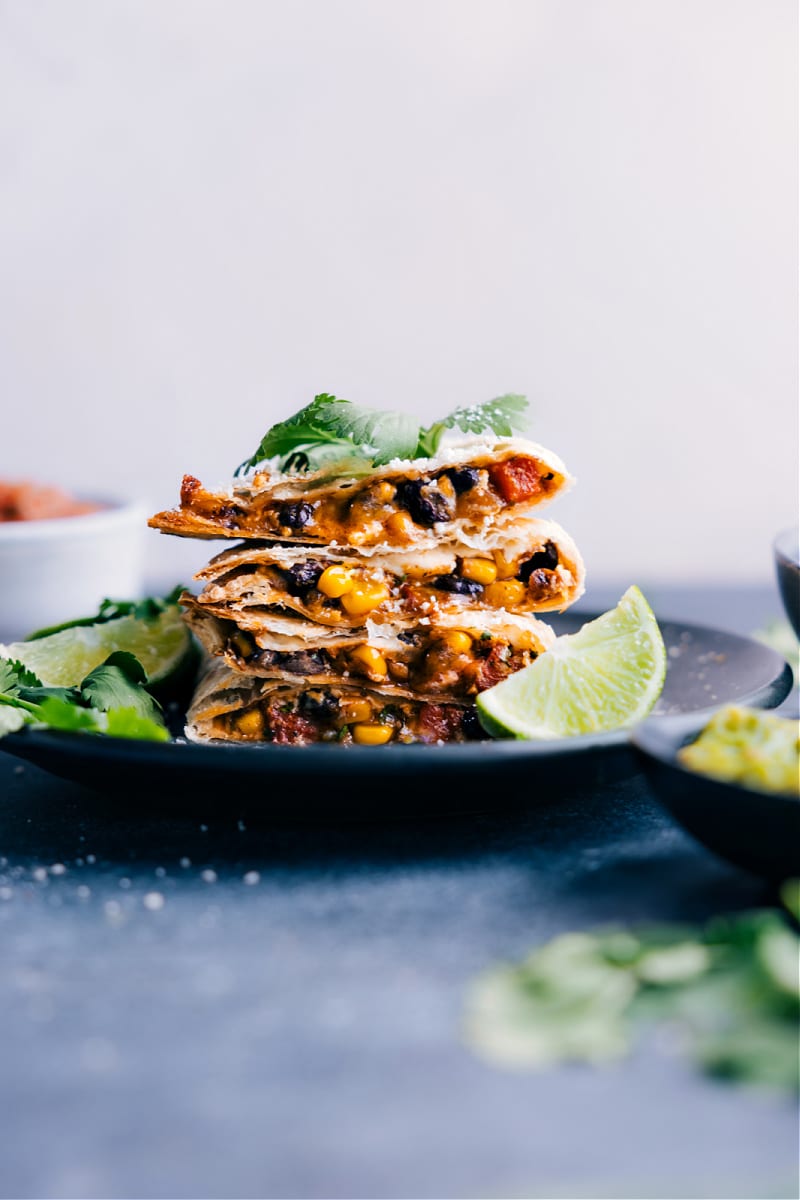 Black Bean Quesadillas cut and arranged on a plate.