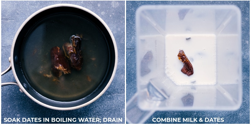 Process shots: soak dates to soften them; add to the blender with milk