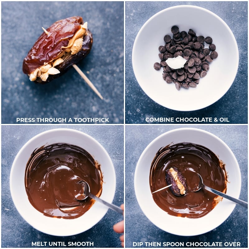 Process shots of Chocolate-Covered Dates-- images of the dates being pressed through with a toothpick then being dipped in dark chocolate