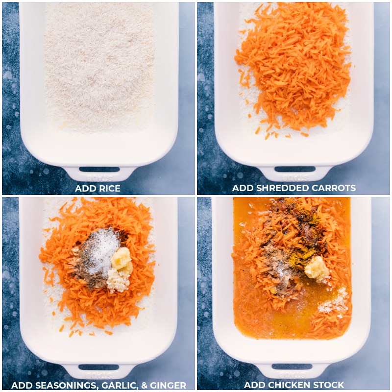 Process shots-- images of the rice, carrots, seasonings, garlic, ginger, and chicken stock