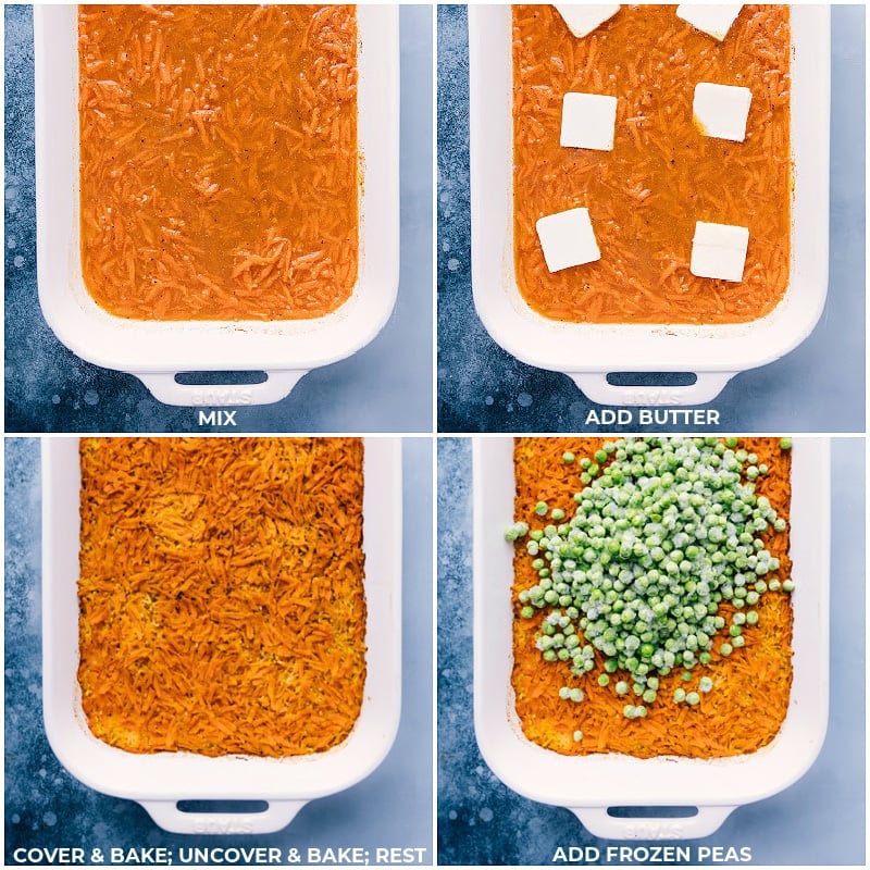 Process shots of curry rice-- images of the butter being added, it all being baked, and frozen peas being added