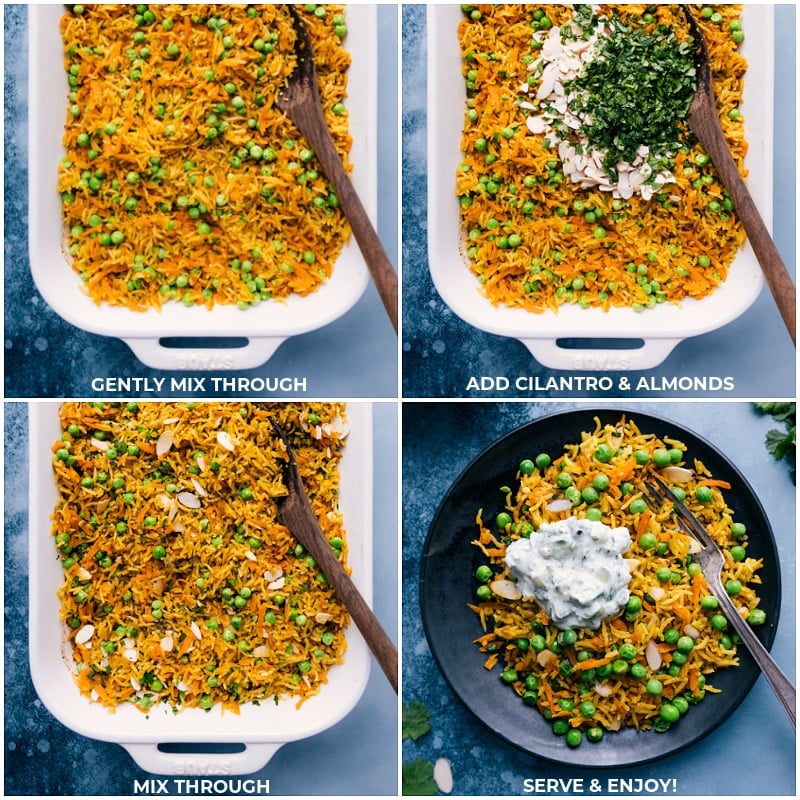 Process shots-- images of the cooked rice being mixed through, then cilantro and almonds being added