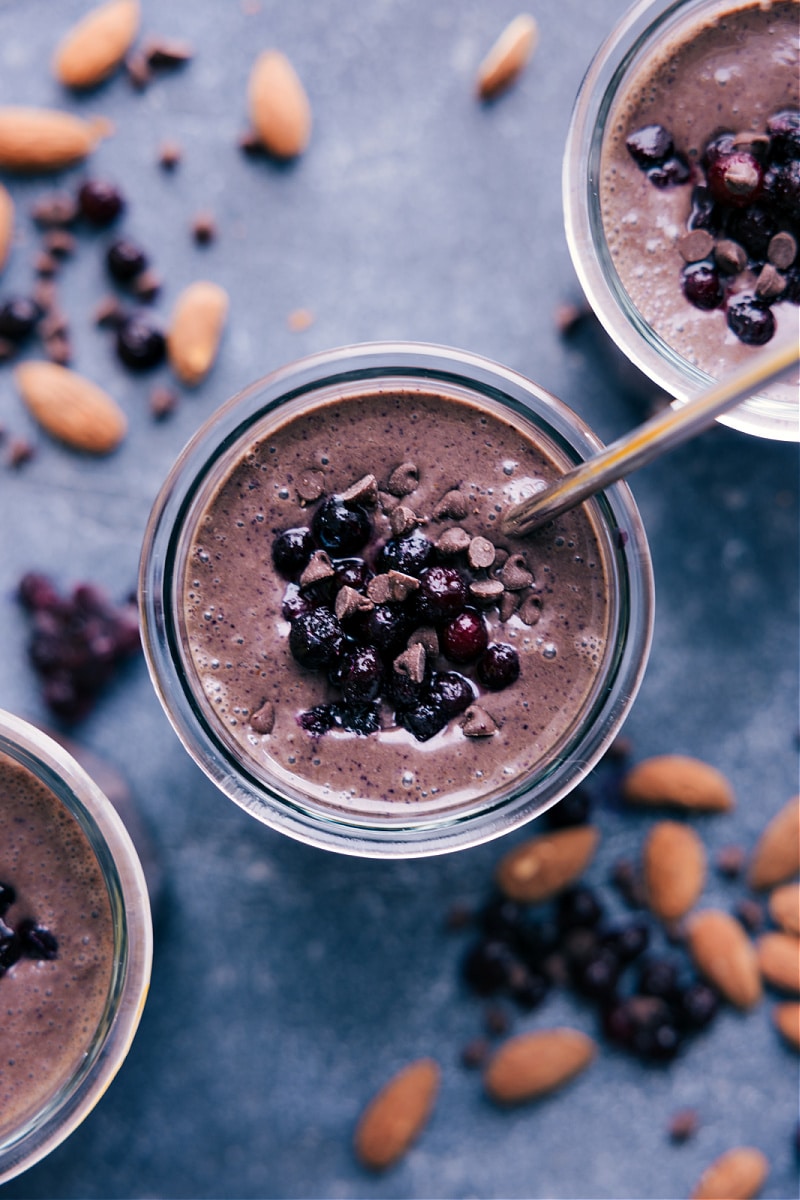 Overhead view of Chocolate Blueberry Smoothie