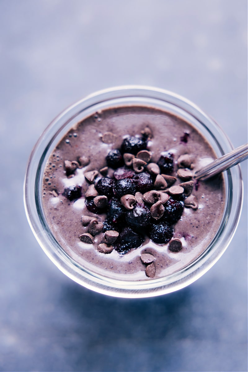 Overhead view of a Chocolate Blueberry Smoothie