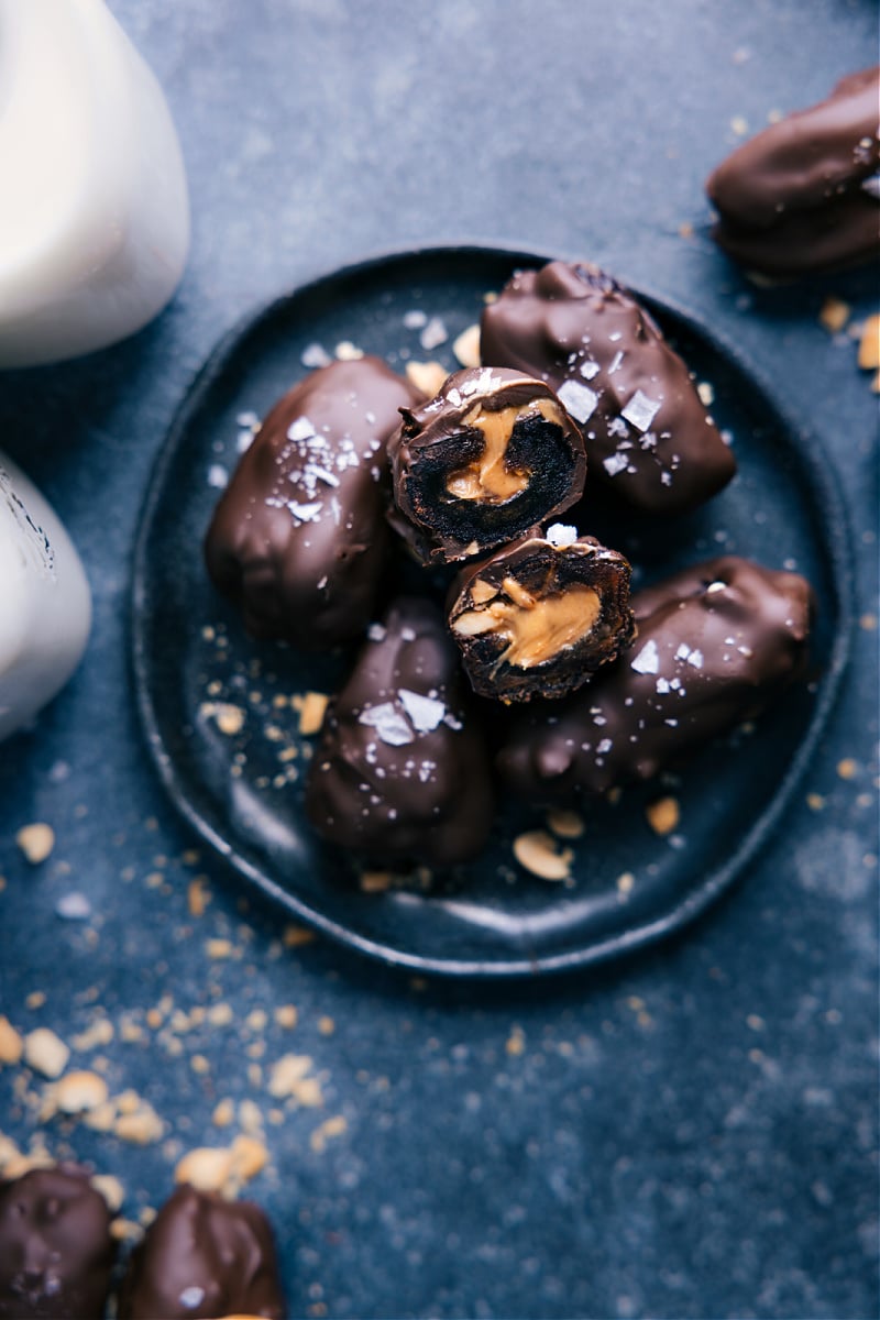 Overhead image of Chocolate-Covered Dates on a plate, ready to be enjoyed