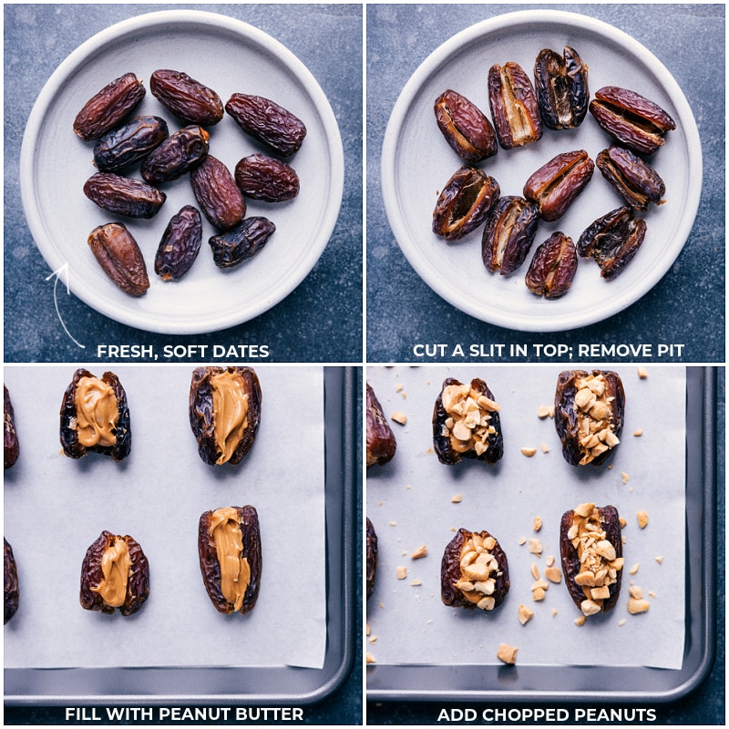 Process shots-- images of the dates being cut open and filled with peanut butter and chopped peanuts
