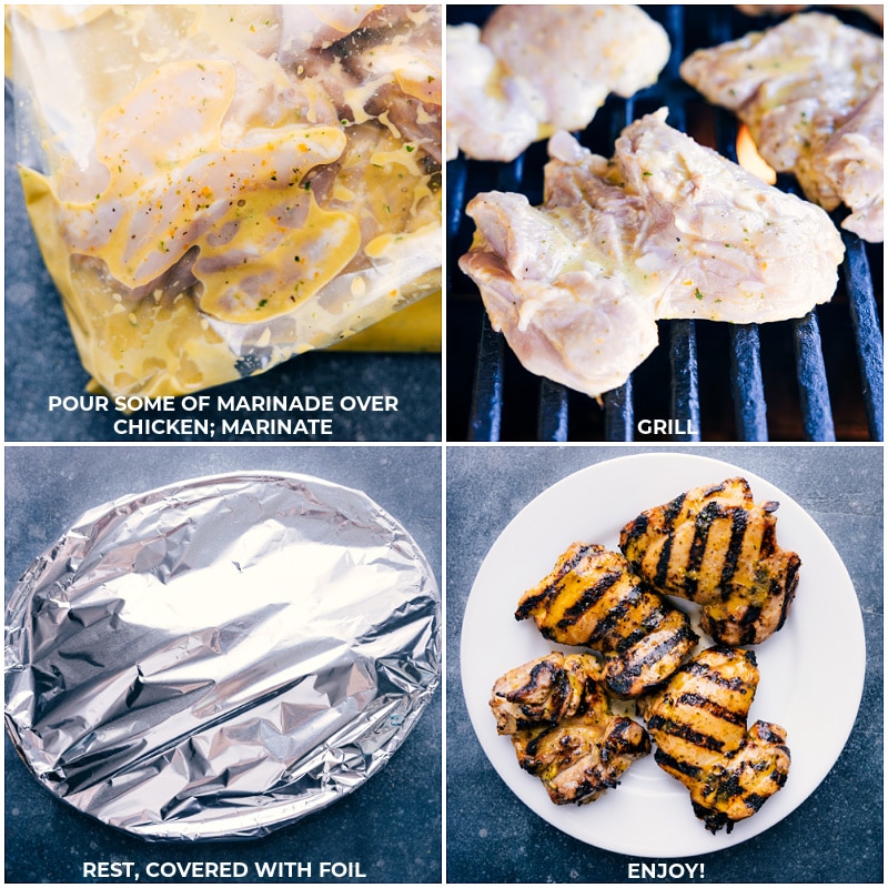 Process shots: pouring marinade over chicken to marinate; grill the meat; rest while covered with foil; enjoy!