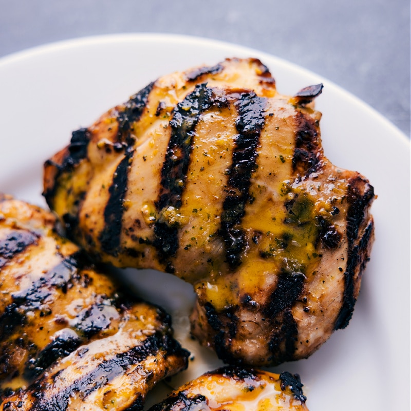 Close-up view of grilled chicken flavored with Citrus Chicken Marinade