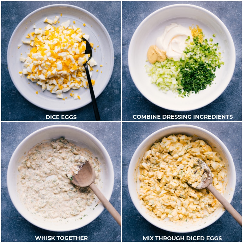 Process shots: dice the cooked eggs and dressing ingredients in two separate bowls; whisk the dressing ingredients together; gently stir in the diced eggs.