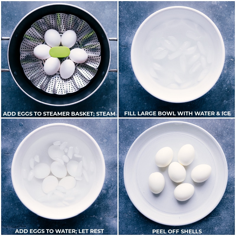 Process shots: Steam the eggs; cook them quickly in a large bowl of ice water; peel off the shells.