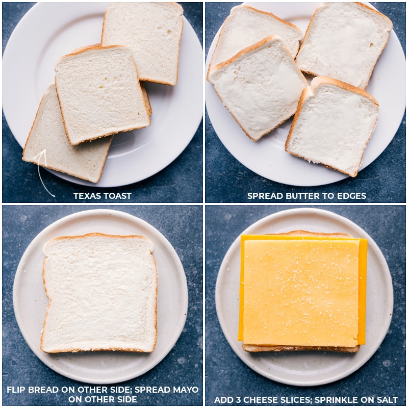 Process shots--images of the bread being spread with butter mayo, cheese, and salt