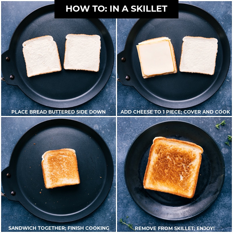 Process shots of Grilled Cheese-- images of the sandwich being toasted on a skillet