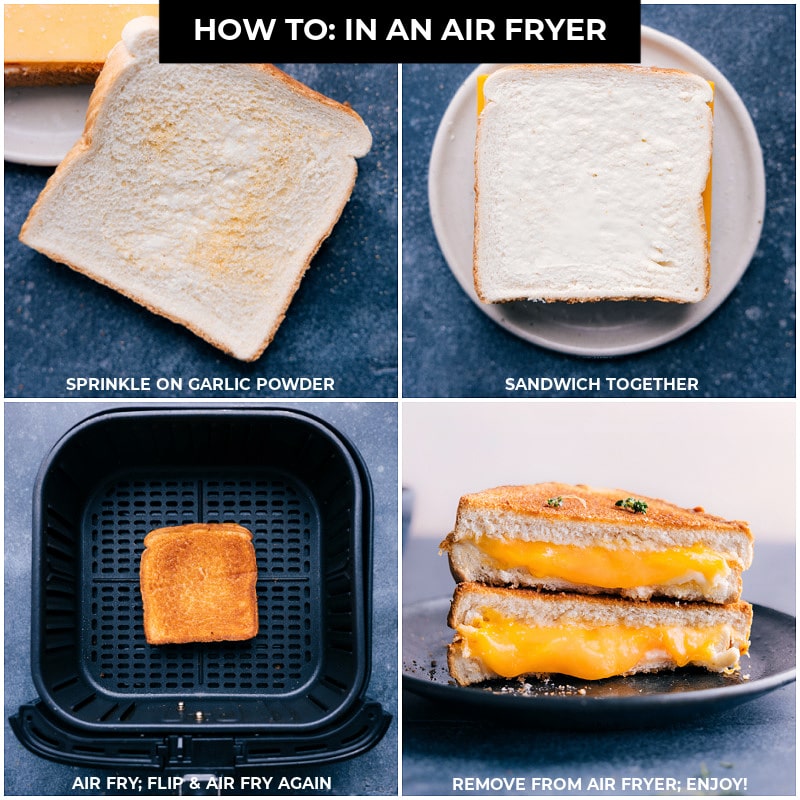 Process shots of Grilled Cheese-- images of the sandwiches being air fried