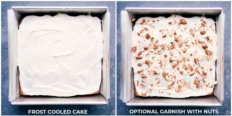 Frost the cooled cake and top with optional chopped almonds.