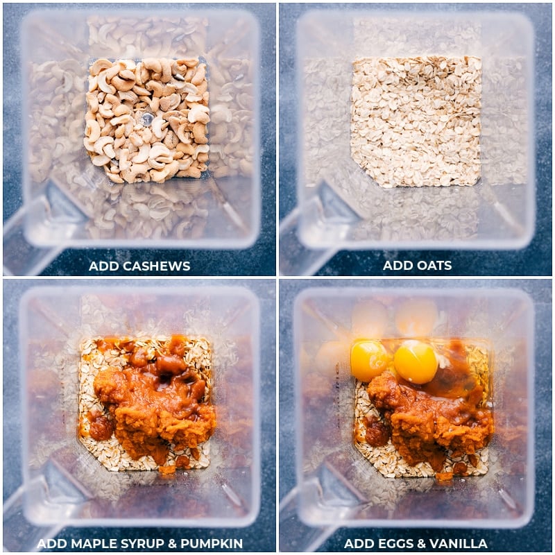 Process shots-- images of the cashews, oats, maple syrup, pumpkin, eggs, and vanilla being added to a blender