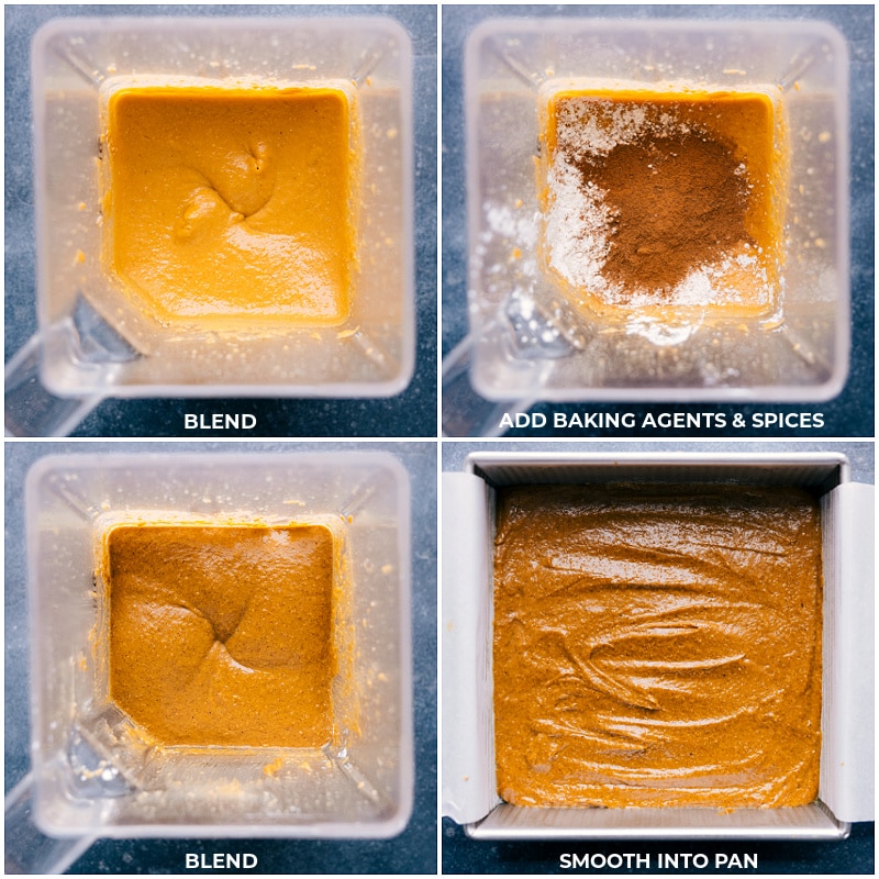 Process shots of Healthy Pumpkin Cake-- images of the baking agents and spices being added to the blender and it all being blended then transferred to the prepared pan