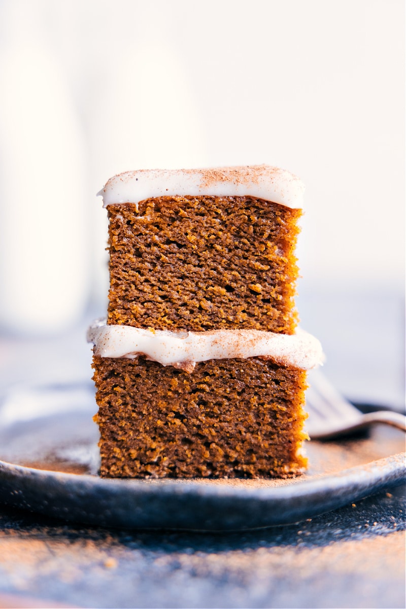 Image of the Healthy Pumpkin Cake pieces stacked on top of each other
