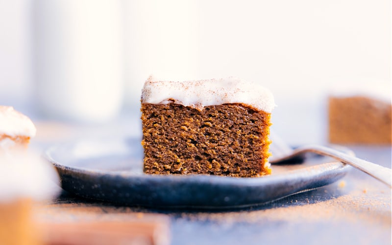 Image of a slice of Healthy Pumpkin Cake on a plate ready, to be enjoyed