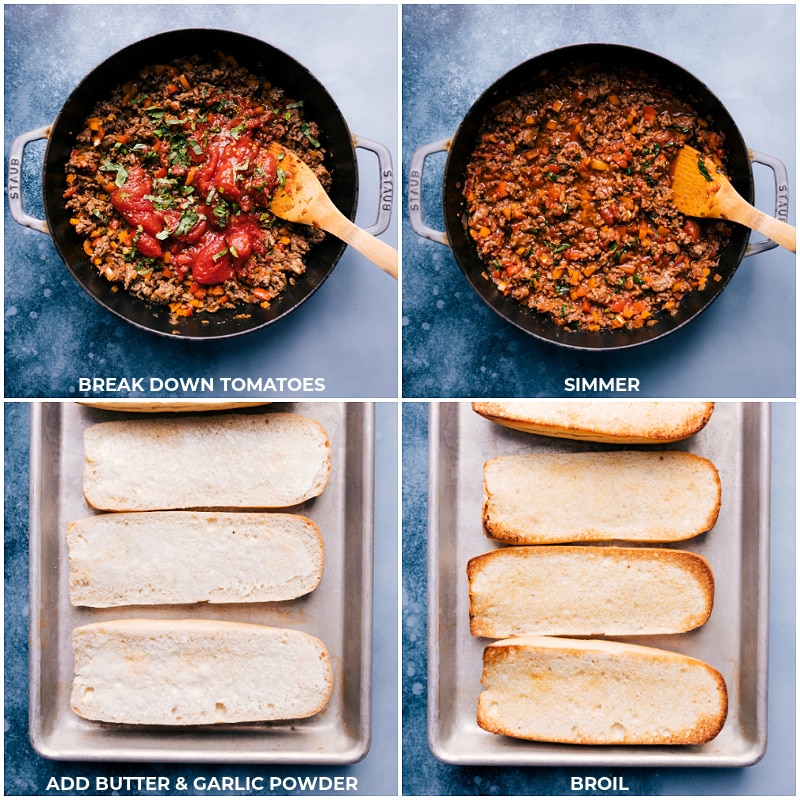 Process shots of Italian Hoagies-- images of the tomatoes in the meat sauce breaking down and the sandwich buns being toasted