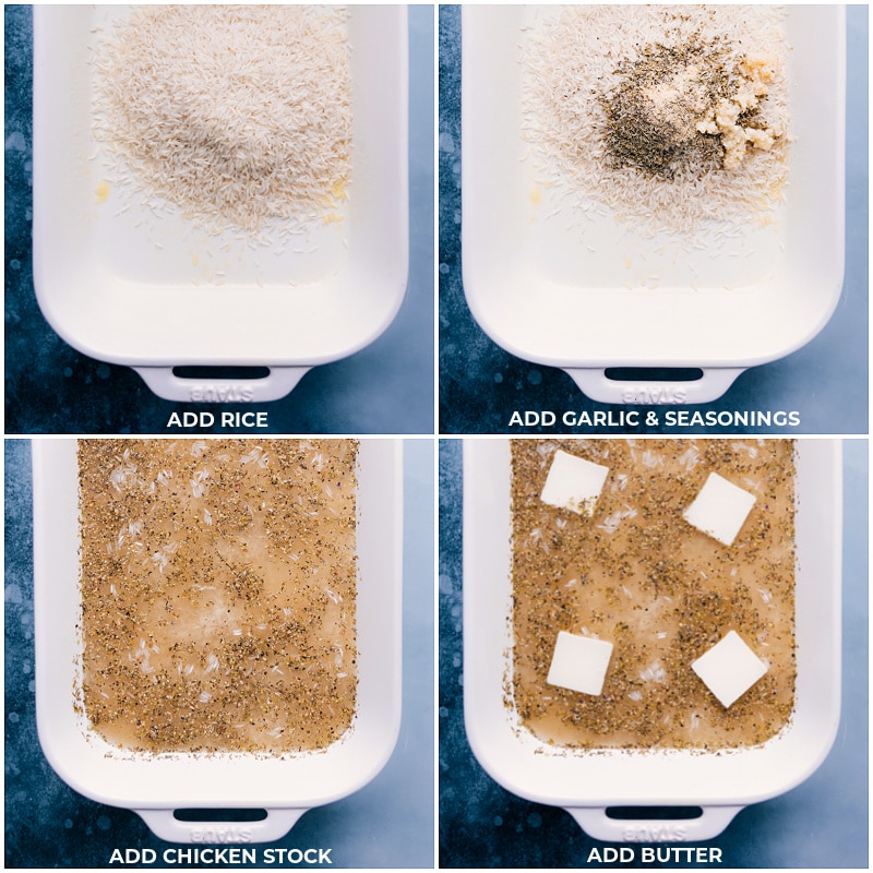 Process shots-- images of the rice, garlic, seasonings, chicken stock, and butter being added to a pan