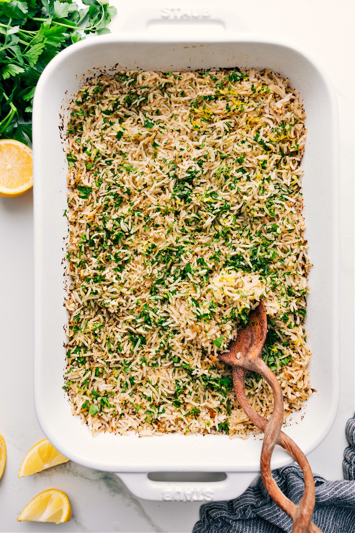 Fresh And Flavorful Lemon Rice Recipe Lemon Rice Recipe in a 9x13 pan fresh out of the oven and ready to serve.