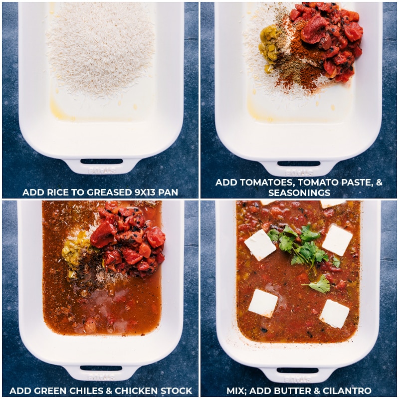 Process shots-- images of the rice, tomatoes, tomato paste, seasonings, green chiles, chicken stock, butter, and cilantro