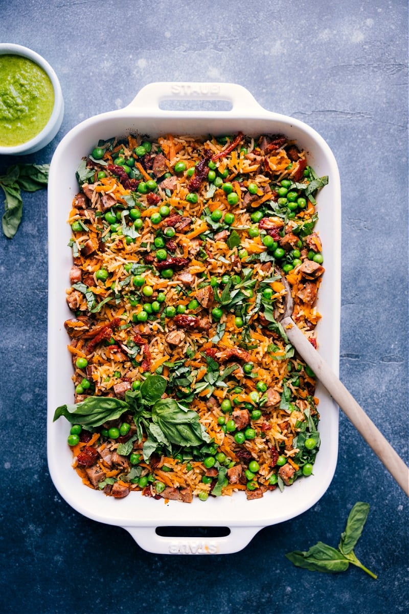 Overhead view of Pesto Rice.